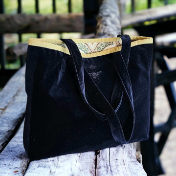  Tote bag in velluto blu e profilo a contrasto